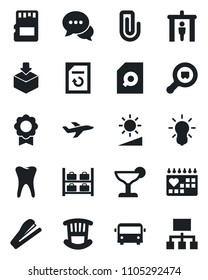 Set of vector isolated black icon - airport bus vector, security gate, luggage storage, document reload, tooth, medical calendar, plane, package, search cargo, dialog, sd, brightness, sertificate