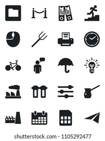 Set of vector isolated black icon - fence vector, speaking man, office binder, mouse, calendar, factory, farm fork, bike, umbrella, tuning, sim, folder, clock, printer, career ladder, turkish coffee