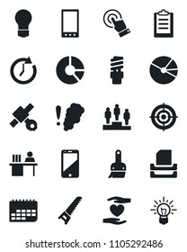 Set of vector isolated black icon - pedestal vector, bulb, circle chart, saw, heart hand, satellite, term, cell phone, touch screen, mobile, themes, clipboard, pie graph, manager desk, target, clock