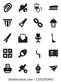 Set of vector isolated black icon - safe vector, calculator, pennant, printer, saw, sickle, dropper, satellite, chain, mail, hdmi, paper clip, ink pen, office chair, stapler, ladle, outdoor lamp