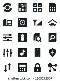 Set of vector isolated black icon - male vector, calculator, document search, settings, phone back, mobile camera, protect, tuning, sim, data exchange, music, cellular signal, update, garage, lock