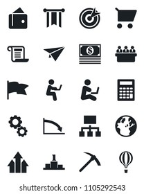 Set of vector isolated black icon - meeting vector, target, arrow up graph, gear, wallet, pennon, earth, crisis, cart, flag, cash, calculator, paper plane, hierarchy, pedestal, contract, hard work