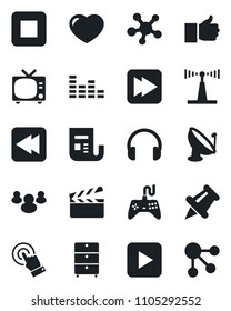 Set of vector isolated black icon - tv vector, satellite antenna, clapboard, archive chest, news, gamepad, equalizer, touch screen, headphones, share, group, finger up, heart, paper pin, play button
