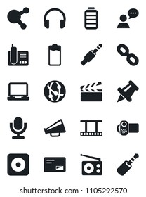 Set of vector isolated black icon - clapboard vector, film frame, radio, loudspeaker, video camera, microphone, network, speaker, headphones, laptop pc, phone, share, chain, paper pin, battery, mail