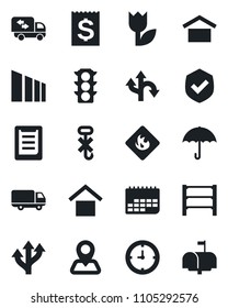 Set of vector isolated black icon - route vector, navigation, traffic light, car delivery, clock, term, receipt, clipboard, umbrella, warehouse storage, no hook, tulip, sorting, shield, flammable