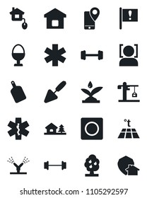 Set of vector isolated black icon - trowel vector, ambulance star, barbell, important flag, mobile tracking, record, face id, house with tree, fruit, smart home, crane, egg stand, cutting board