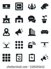 Set of vector isolated black icon - office building vector, document reload, seedling, glove, pulse clipboard, navigation, railroad, dialog, menu, scanner, meeting, cushioned furniture, fireplace