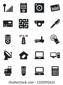 Set of vector isolated black icon - antenna vector, credit card, barcode, satellite, remote control, touch screen, laptop pc, mobile camera, cellular signal, copier, pen, smart home, chip, router