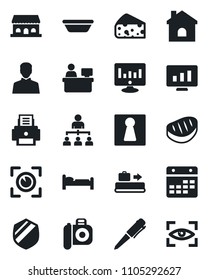 Set of vector isolated black icon - baggage conveyor vector, female, bed, hierarchy, pen, manager place, statistic monitor, house, shield, camera, user, calendar, printer, cafe building, steak, bowl