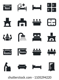Set of vector isolated black icon - baby room vector, bed, shower, checkroom, meeting, fireplace, hospital, plan, rent, rooms, bedroom, cushioned furniture, door