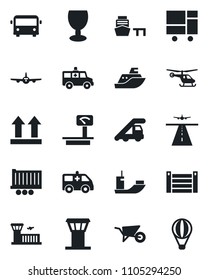 Set of vector isolated black icon - airport tower vector, runway, bus, ladder car, plane, helicopter, building, wheelbarrow, ambulance, sea shipping, truck trailer, port, container, fragile
