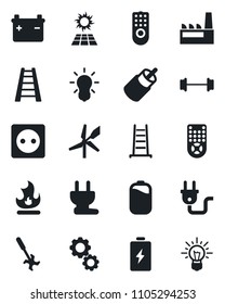 Set of vector isolated black icon - ladder vector, fire, ripper, barbell, remote control, rca, battery, factory, socket, power plug, bulb, sun panel, windmill, gear, idea