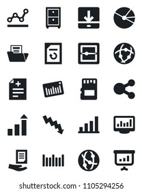 Set of vector isolated black icon - growth statistic vector, crisis graph, document, reload, diagnosis, barcode, network, scanner, sd, download, monitor statistics, bar, pie, folder, point