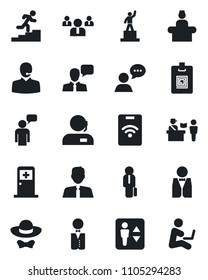 Set of vector isolated black icon - passport control vector, elevator, reception, medical room, speaking man, pedestal, team, speaker, identity card, support, manager, career ladder, estate agent