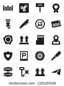 Set of vector isolated black icon - parking vector, no laptop, pen, stamp, plant label, heart shield, navigation, up side sign, hook, barcode, sd, cut, sertificate, open close, paper plane