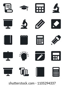 Set of vector isolated black icon - contract vector, graduate, notepad, presentation board, pencil, microscope, calculator, notes, copybook, shining head