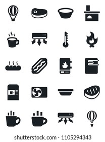 Set of vector isolated black icon - coffee machine vector, fire, fireplace, air conditioner, bread, steak, hot dog, bowl, water heater, thermometer, balloon