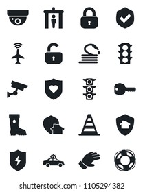 Set of vector isolated black icon - plane radar vector, security gate, alarm car, border cone, glove, boot, hose, heart shield, traffic light, protect, key, lock, home, surveillance