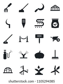 Set of vector isolated black icon - fence vector, garden fork, rake, wheelbarrow, hoe, sickle, plant label, pumpkin, greenhouse, sprayer, fertilizer, drip irrigation, windmill