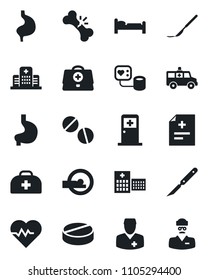Set of vector isolated black icon - bed vector, medical room, heart pulse, doctor case, diagnosis, blood pressure, pills, scalpel, tomography, ambulance car, stomach, broken bone, hospital