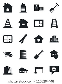 Set of vector isolated black icon - barrier vector, border cone, office building, shovel, ladder, wheelbarrow, saw, house, hospital, with garage, plan, sweet home, city, message