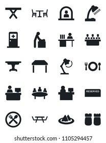 Set of vector isolated black icon - cafe vector, baby room, reception, medical, meeting, manager place, picnic table, desk, lamp, serviette, reserved, salt and pepper