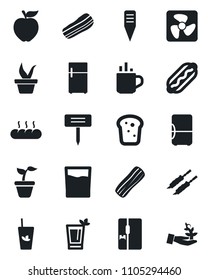 Set of vector isolated black icon - hot cup vector, seedling, plant label, fridge, drink, phyto bar, bacon, bread, kebab, dog, apple fruit, fan, palm sproute