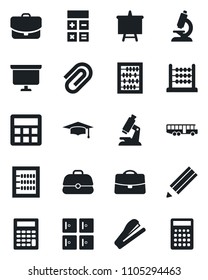 Set of vector isolated black icon - airport bus vector, checkroom, calculator, graduate, abacus, presentation board, microscope, case, paper clip, pencil, stapler