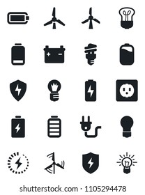 Set of vector isolated black icon - bulb vector, battery, low, protect, charge, windmill, socket, power plug, energy saving, idea