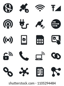 Set of vector isolated black icon - wireless notebook vector, satellite, network, share, chain, call, sim, cellular signal, power plug, lock, home control app, social media