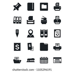Set of vector isolated black icon - book vector, notepad, calendar, document reload, printer, plant label, pin, receipt, paper, folder, binder, tray, copier, stapler, restaurant, schedule