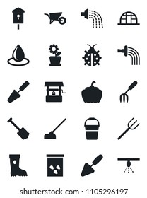 Set of vector isolated black icon - job vector, trowel, garden fork, farm, wheelbarrow, bucket, watering, boot, lady bug, water drop, well, hoe, pumpkin, greenhouse, seeds, bird house, flower in pot