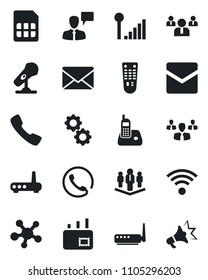 Set of vector isolated black icon - speaking man vector, mail, team, microphone, remote control, radio phone, share, call, sim, cellular signal, company, wireless, router, gear, group, advertising
