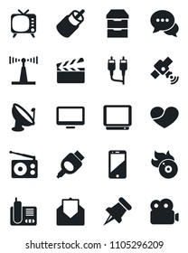 Set of vector isolated black icon - satellite antenna vector, clapboard, flame disk, radio, tv, cell phone, dialog, monitor, heart, paper pin, mail, rca, hdmi, archive chest, video