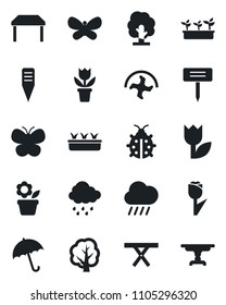 Set of vector isolated black icon - umbrella vector, flower in pot, ripper, tree, butterfly, lady bug, seedling, rain, plant label, picnic table, tulip