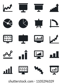 Set of vector isolated black icon - growth statistic vector, presentation board, crisis graph, monitor pulse, statistics, bar, pie, point