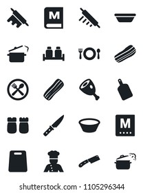 Set of vector isolated black icon - cook vector, cafe, menu, bacon, salt and pepper, ham, bowl, rolling pin, cutting board, knife, steaming pan