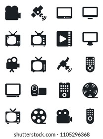 Set of vector isolated black icon - tv vector, reel, satellite, video camera, remote control, monitor