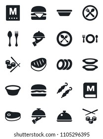 Set of vector isolated black icon - spoon and fork vector, dish, cafe, menu, plates, waiter, steak, kebab, hamburger, bowl, sushi