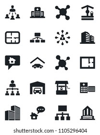 Set of vector isolated black icon - hierarchy vector, well, molecule, hospital, office building, garage, plan, home message