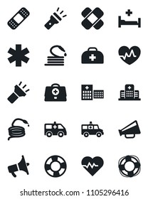 Set of vector isolated black icon - hose vector, heart pulse, doctor case, patch, ambulance star, car, hospital bed, loudspeaker, torch, crisis management