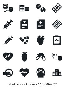Set of vector isolated black icon - heart pulse vector, diagnosis, syringe, blood pressure, pills, blister, tomography, real, clipboard, hospital