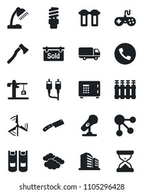 Set of vector isolated black icon - phone vector, clouds, safe, book, axe, car delivery, microphone, gamepad, rca, desk lamp, windmill, sold signboard, crane, knife, water filter, radiator