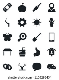 Set of vector isolated black icon - flower in pot vector, shovel, butterfly, sun, sickle, pumpkin, bird house, patch, stomach, pin, search cargo, chain, jack connector, mobile, message, settings