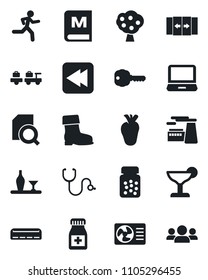 Set of vector isolated black icon - automatic door vector, baggage larry, factory, boot, stethoscope, pills bottle, run, real heart, laptop pc, rewind, document search, fruit tree, key, alcohol