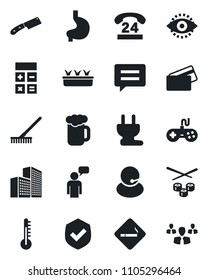 Set of vector isolated black icon - smoking place vector, speaking man, calculator, rake, seedling, stomach, 24 hours, support, shield, gamepad, message, eye id, office building, beer, credit card
