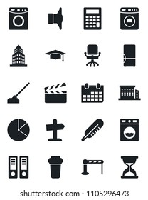 Set of vector isolated black icon - barrier vector, washer, office chair, binder, graduate, calendar, hoe, thermometer, clapboard, speaker, building, pie graph, fridge, water filter, calculator