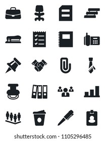 Set of vector isolated black icon - office chair vector, case, team, pen, document, coffee, phone, copybook, drawing pin, paper clip, bar graph, checklist, binder, tie, tray, handshake, stamp