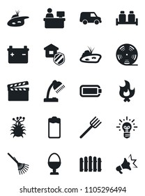 Set of vector isolated black icon - manager place vector, farm fork, fence, rake, fire, virus, clapboard, reel, battery, desk lamp, pond, estate insurance, egg stand, salt and pepper, idea, car