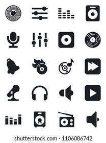 Set of vector isolated black icon - vinyl vector, flame disk, microphone, radio, speaker, settings, equalizer, headphones, play button, fast forward, rec, tuning, bell, music, sound